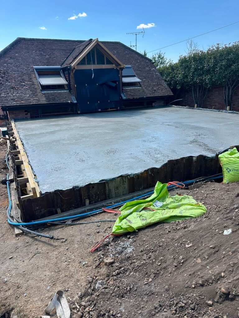 The completed concrete roof slab over the basement – basement construction in Beaconsfield, Buckinghamshire